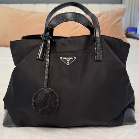 PRADA White Tag NO. 24 Tessuto Nylon Black Triangle Logo Tote Bag w/COA